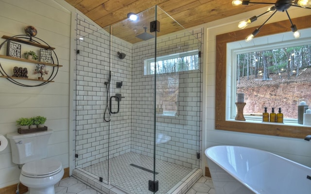 bathroom featuring wooden ceiling, toilet, plus walk in shower, and lofted ceiling