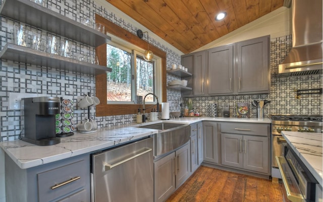 kitchen with wood ceiling, stainless steel appliances, wall chimney exhaust hood, and tasteful backsplash