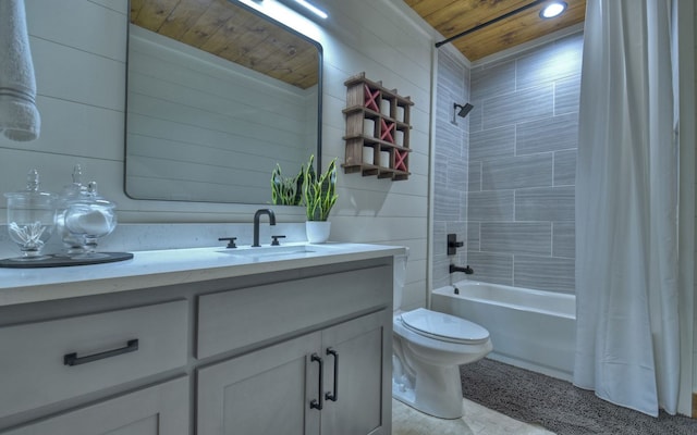 full bathroom featuring vanity, toilet, shower / tub combo with curtain, and wooden ceiling