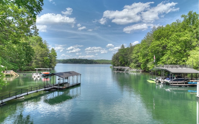 view of dock with a water view