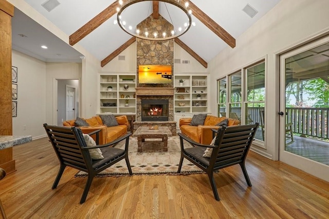 159 Cinnamon Fern Ln, Big Canoe, GA 30143 - living room with high vaulted ceiling, beam ceiling, light wood-style flooring, a chandelier, and baseboards