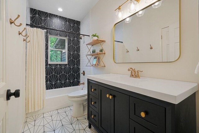 159 Cinnamon Fern Ln, Big Canoe, GA 30143 - bathroom with shower / tub combo with curtain, toilet, vanity, and tile patterned floors