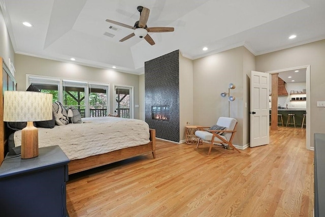 159 Cinnamon Fern Ln, Big Canoe, GA 30143 - bedroom featuring light wood-style floors, access to exterior, crown molding, recessed lighting, and ceiling fan