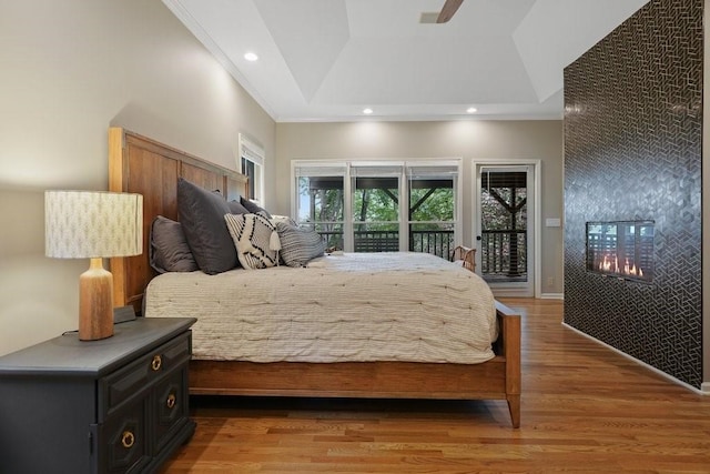 159 Cinnamon Fern Ln, Big Canoe, GA 30143 - bedroom with access to outside, wood finished floors, lofted ceiling, recessed lighting, and a ceiling fan