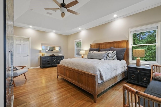 159 Cinnamon Fern Ln, Big Canoe, GA 30143 - bedroom featuring a raised ceiling, light wood-style flooring, ornamental molding, recessed lighting, and ceiling fan