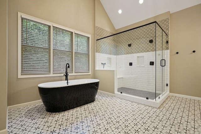 159 Cinnamon Fern Ln, Big Canoe, GA 30143 - full bathroom featuring baseboards, a shower stall, a soaking tub, lofted ceiling, and recessed lighting