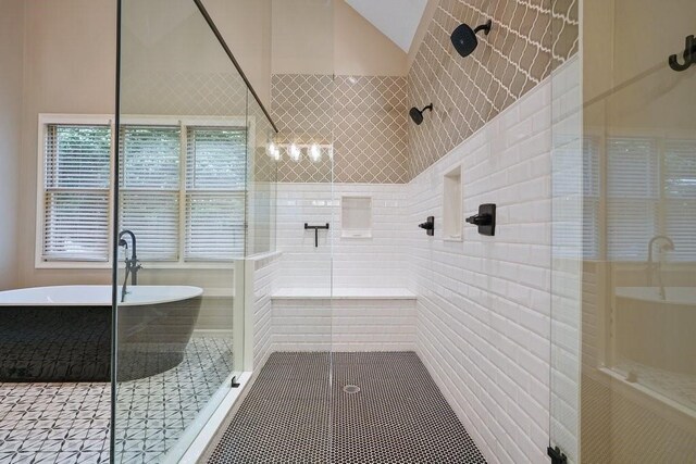 159 Cinnamon Fern Ln, Big Canoe, GA 30143 - full bath featuring tiled shower, a freestanding tub, tile walls, and tile patterned flooring