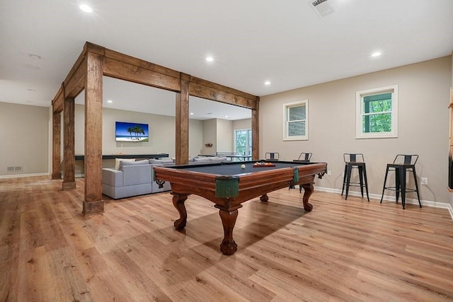 159 Cinnamon Fern Ln, Big Canoe, GA 30143 - game room featuring billiards table, light wood-style floors, plenty of natural light, recessed lighting, and baseboards