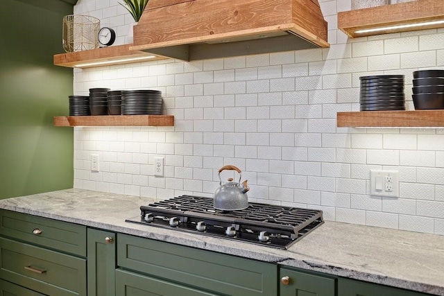 159 Cinnamon Fern Ln, Big Canoe, GA 30143 - kitchen featuring green cabinets, open shelves, gas cooktop, decorative backsplash, and premium range hood