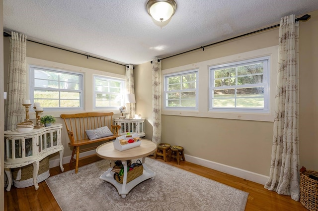 sitting room featuring plenty of natural light, wood finished floors, and a textured ceiling
