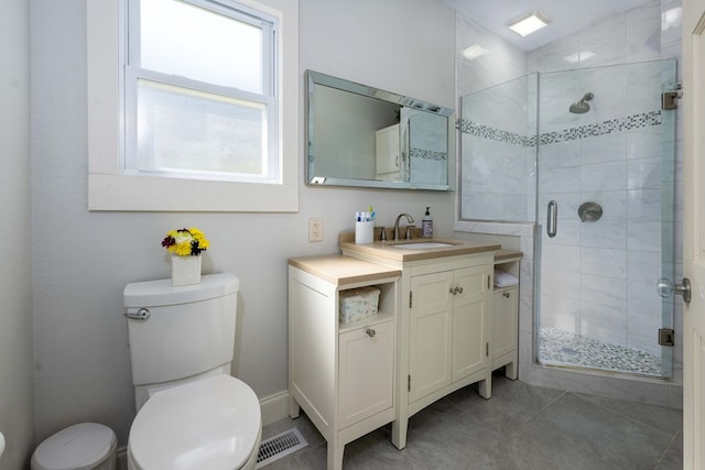 bathroom with a stall shower, visible vents, toilet, and vanity