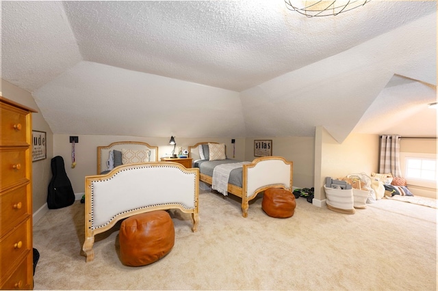 bedroom with baseboards, a textured ceiling, vaulted ceiling, and carpet