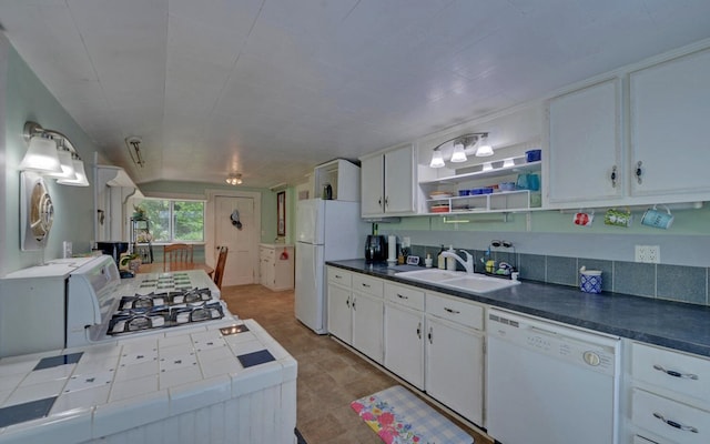 30 Proctor St, Murphy, NC 28906 - kitchen with white appliances, white cabinets, open shelves, and tile countertops