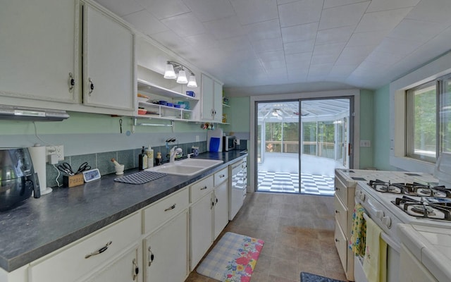 30 Proctor St, Murphy, NC 28906 - kitchen featuring white cabinetry, white appliances, open shelves, and dark countertops