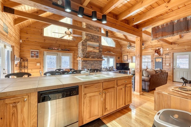 kitchen with sink, wood walls, and dishwasher