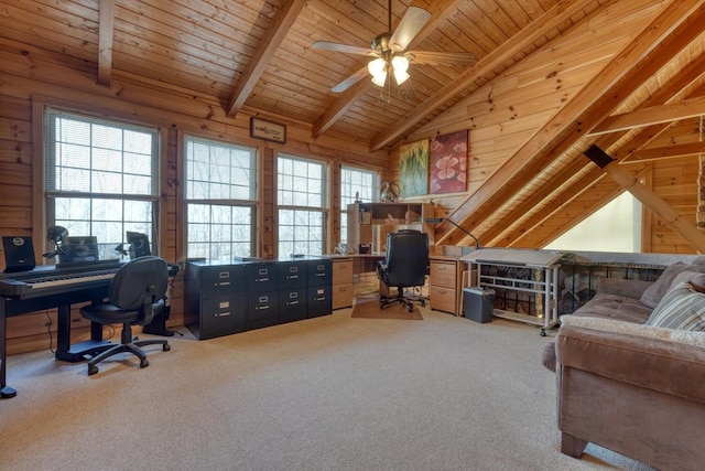 carpeted office with ceiling fan, wooden walls, wooden ceiling, and lofted ceiling with beams