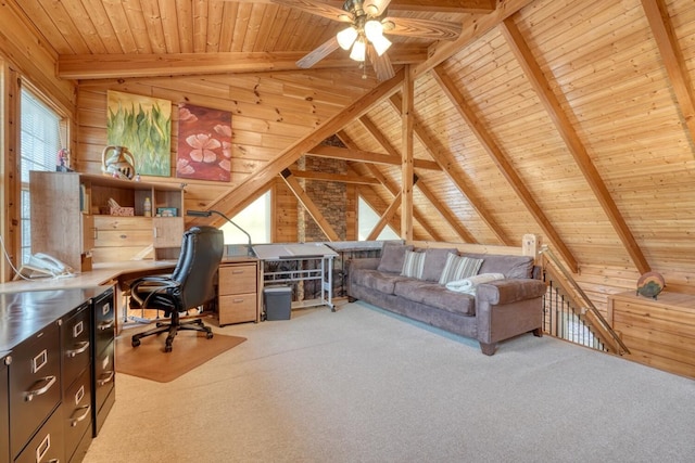 office with light carpet, vaulted ceiling with beams, wooden walls, and wooden ceiling