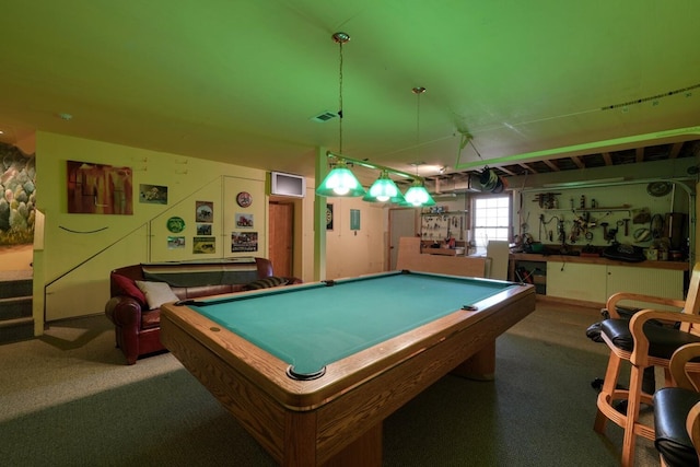 game room with billiards and carpet