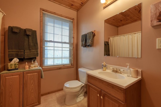 bathroom with lofted ceiling, wood ceiling, tile patterned floors, toilet, and vanity