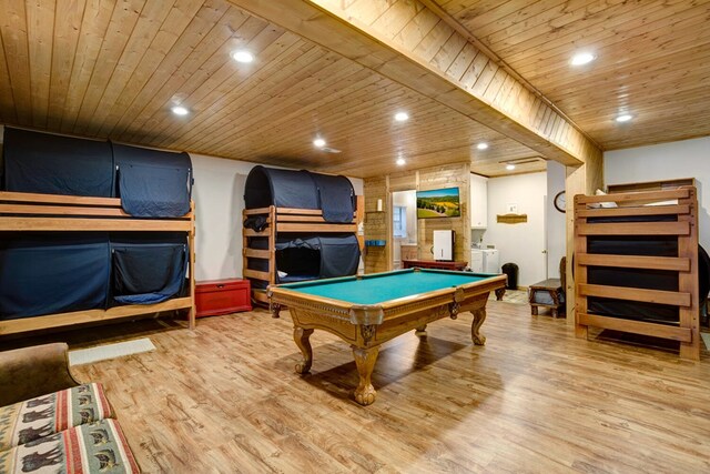 rec room featuring wooden ceiling, light wood-type flooring, pool table, and washer and dryer