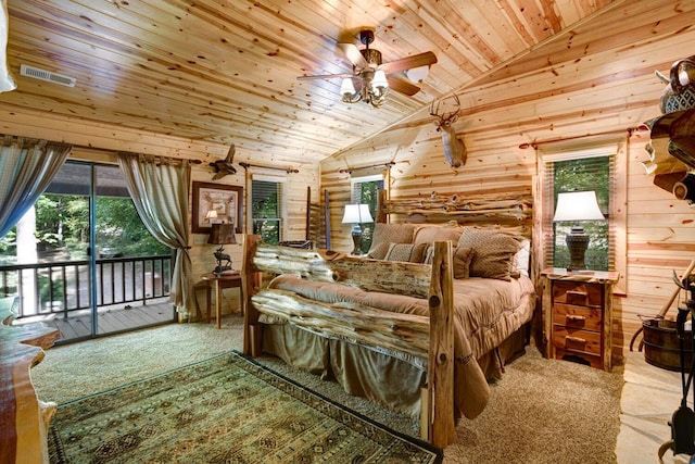 bedroom featuring access to outside, carpet floors, lofted ceiling, and wooden ceiling