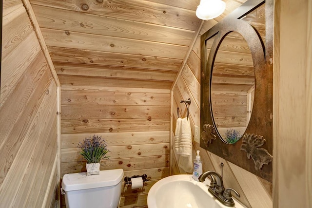 bathroom featuring wood walls, toilet, vaulted ceiling, and sink