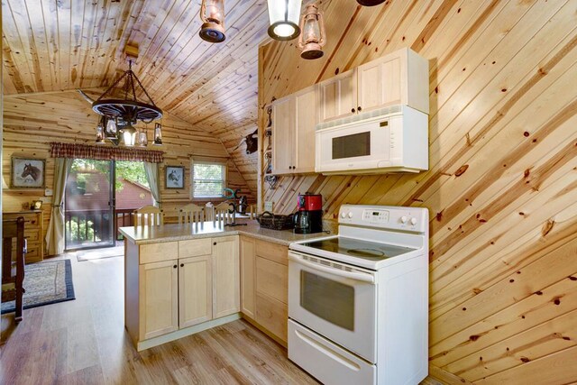 kitchen featuring lofted ceiling, white appliances, wooden walls, wooden ceiling, and light wood-type flooring