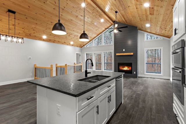 kitchen featuring pendant lighting, sink, white cabinetry, an island with sink, and wooden ceiling