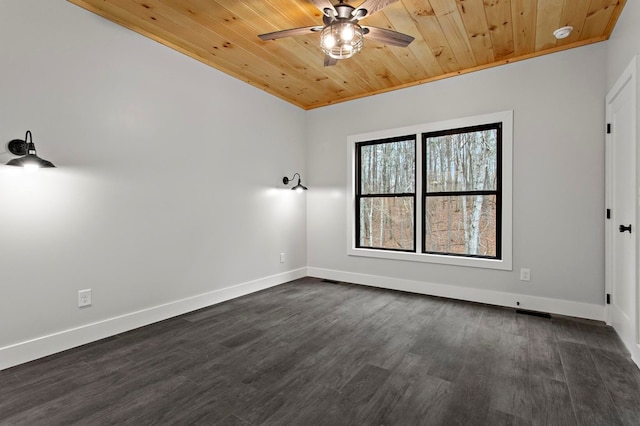 empty room featuring ceiling fan, ornamental molding, dark hardwood / wood-style floors, and wooden ceiling