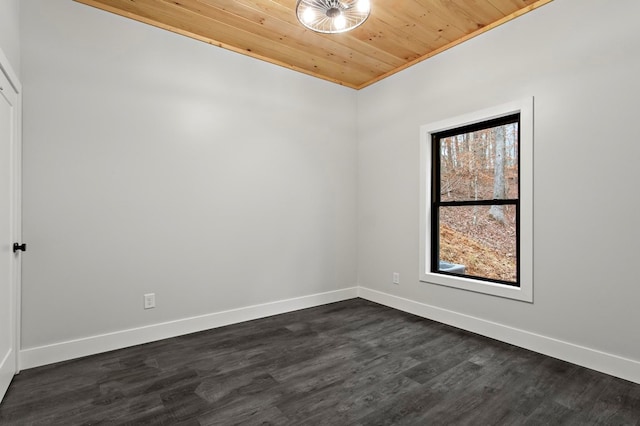 empty room with wooden ceiling and dark hardwood / wood-style floors