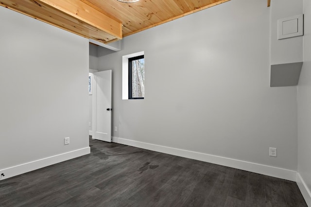 empty room featuring wooden ceiling and dark hardwood / wood-style floors