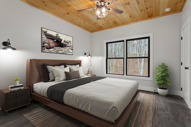 bedroom with wooden ceiling and dark hardwood / wood-style flooring