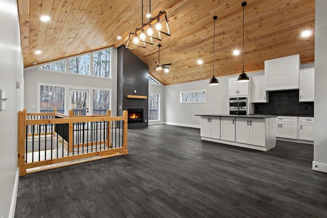 kitchen with wooden ceiling, hanging light fixtures, and white cabinets