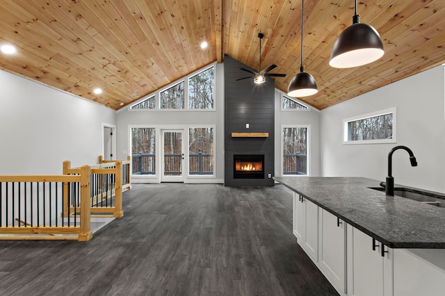 kitchen with sink, white cabinetry, wood ceiling, hanging light fixtures, and dark hardwood / wood-style floors