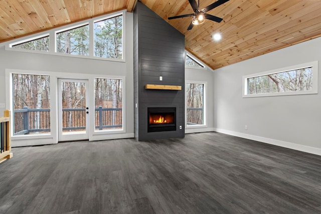 unfurnished living room with a large fireplace, dark wood-type flooring, wooden ceiling, and high vaulted ceiling