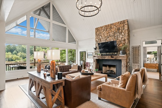 living room with a chandelier, a fireplace, wooden ceiling, wood finished floors, and high vaulted ceiling