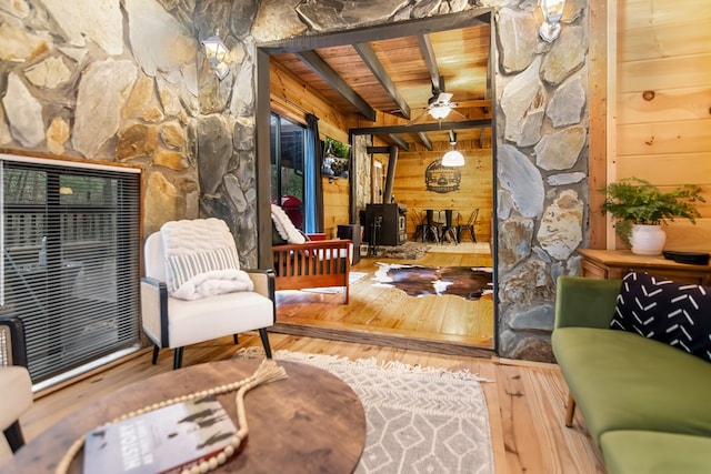 sitting room featuring beamed ceiling, wood-type flooring, wood ceiling, and wood walls