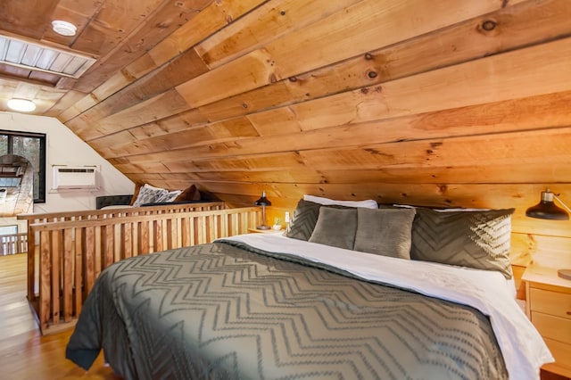 bedroom featuring lofted ceiling, wood ceiling, hardwood / wood-style flooring, a wall unit AC, and wood walls