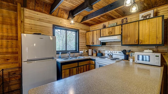 kitchen featuring sink, wooden ceiling, white appliances, and wood walls