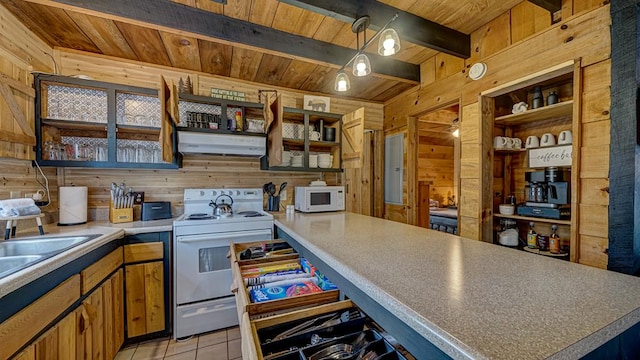 kitchen featuring wooden walls, decorative light fixtures, light tile patterned floors, wood ceiling, and white appliances