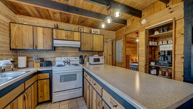 kitchen featuring wood ceiling, light tile patterned floors, wooden walls, white appliances, and beam ceiling