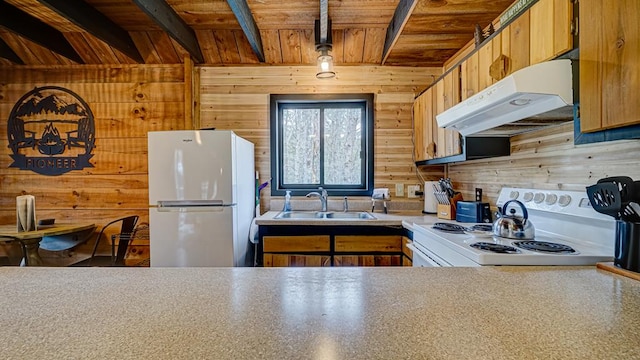 kitchen with wood walls, sink, white refrigerator, range, and wooden ceiling