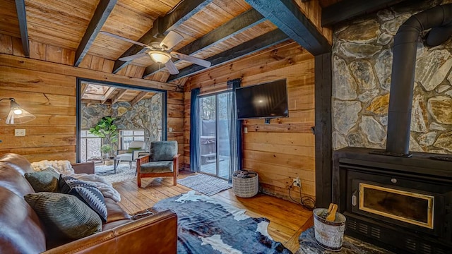 living room featuring wooden ceiling, wooden walls, hardwood / wood-style floors, and a wood stove