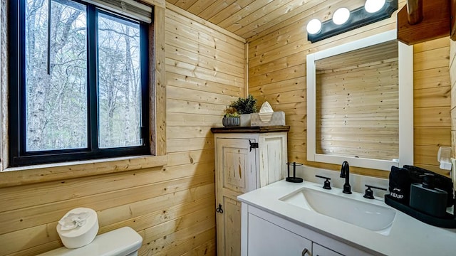 bathroom featuring vanity, wood ceiling, toilet, and wood walls