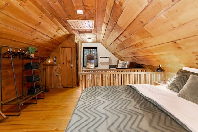 bedroom featuring wood walls, wood ceiling, wood-type flooring, a wall mounted AC, and vaulted ceiling