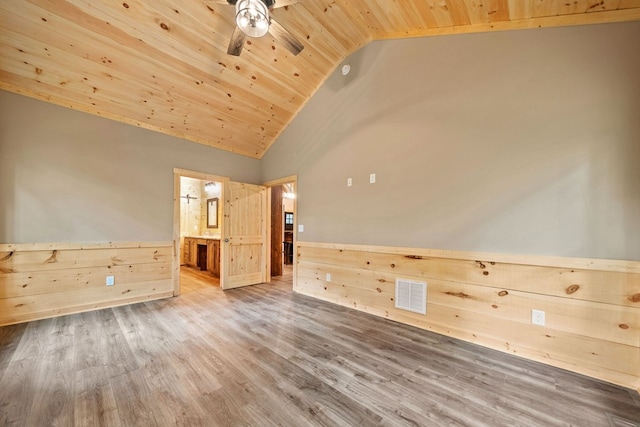 241 Lemmon Ln, Ellijay, GA 30540 - unfurnished room with wood ceiling, ceiling fan, wood finished floors, wainscoting, and wood walls