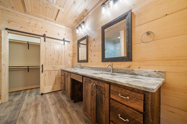 241 Lemmon Ln, Ellijay, GA 30540 - full bathroom featuring double vanity, wood finished floors, wood walls, and wood ceiling