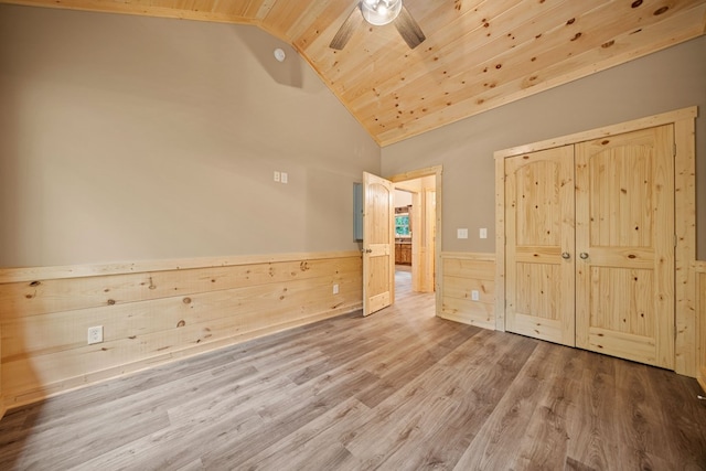 241 Lemmon Ln, Ellijay, GA 30540 - unfurnished bedroom featuring wood ceiling, a wainscoted wall, wood finished floors, ceiling fan, and high vaulted ceiling