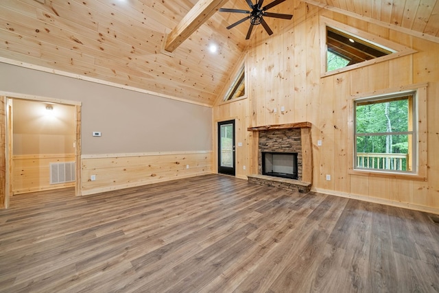 241 Lemmon Ln, Ellijay, GA 30540 - unfurnished living room featuring wooden walls, wooden ceiling, high vaulted ceiling, ceiling fan, and wood finished floors