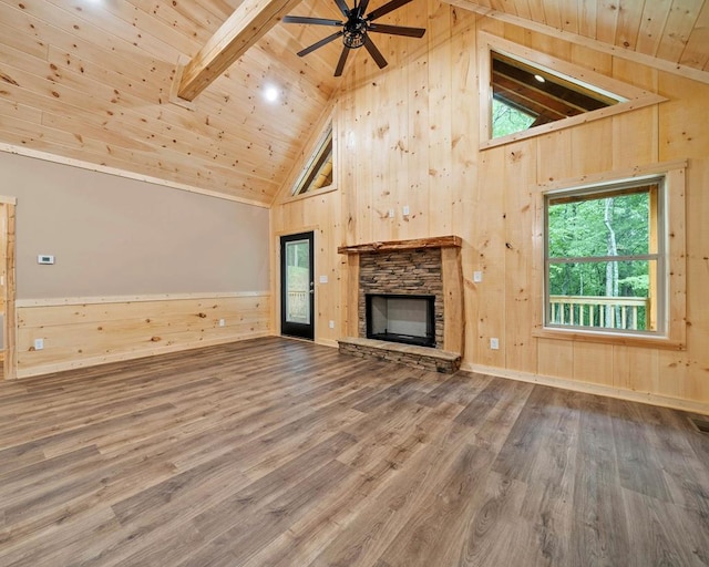 241 Lemmon Ln, Ellijay, GA 30540 - unfurnished living room featuring a wooden ceiling with exposed beams, wood walls, a stone fireplace, high vaulted ceiling, and wood finished floors